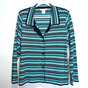 Misook Blue and Black Zig Zag Stitch Collared Button Down Knit Top